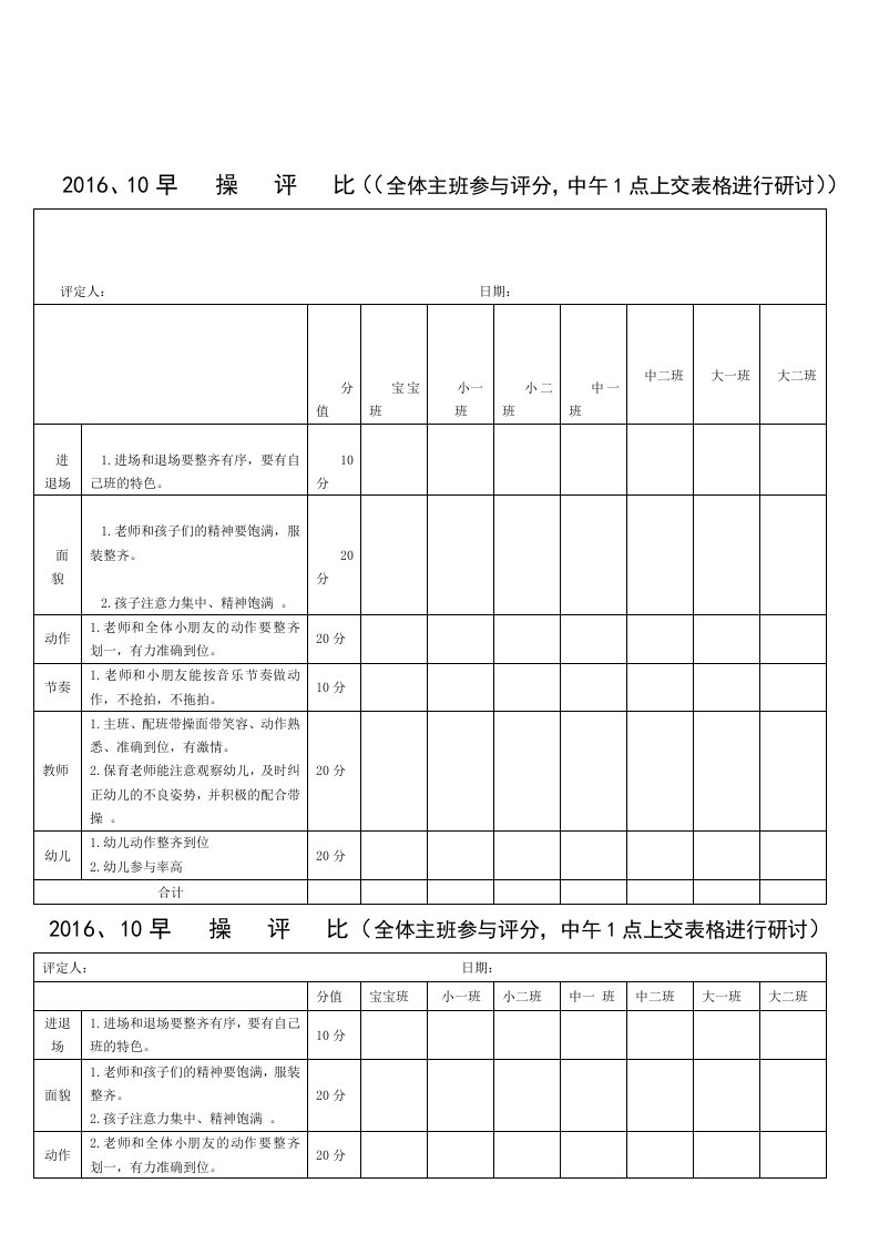 幼儿园早操评比表及反馈内容