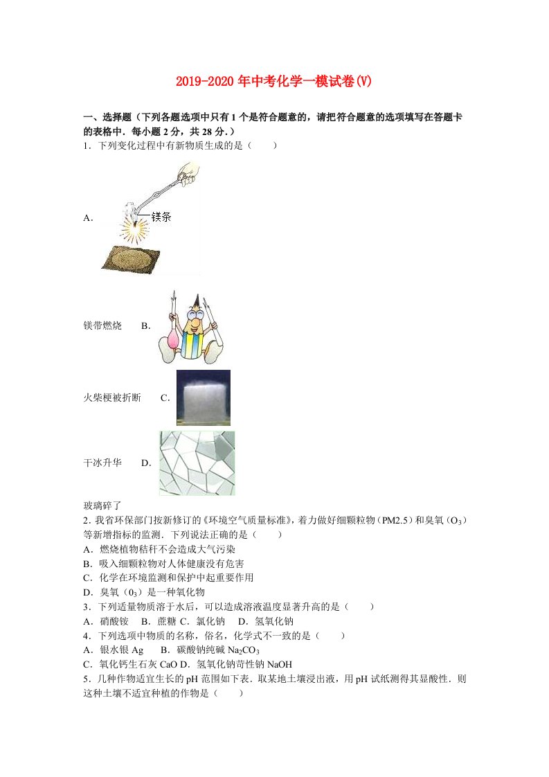 2019-2020年中考化学一模试卷(V)