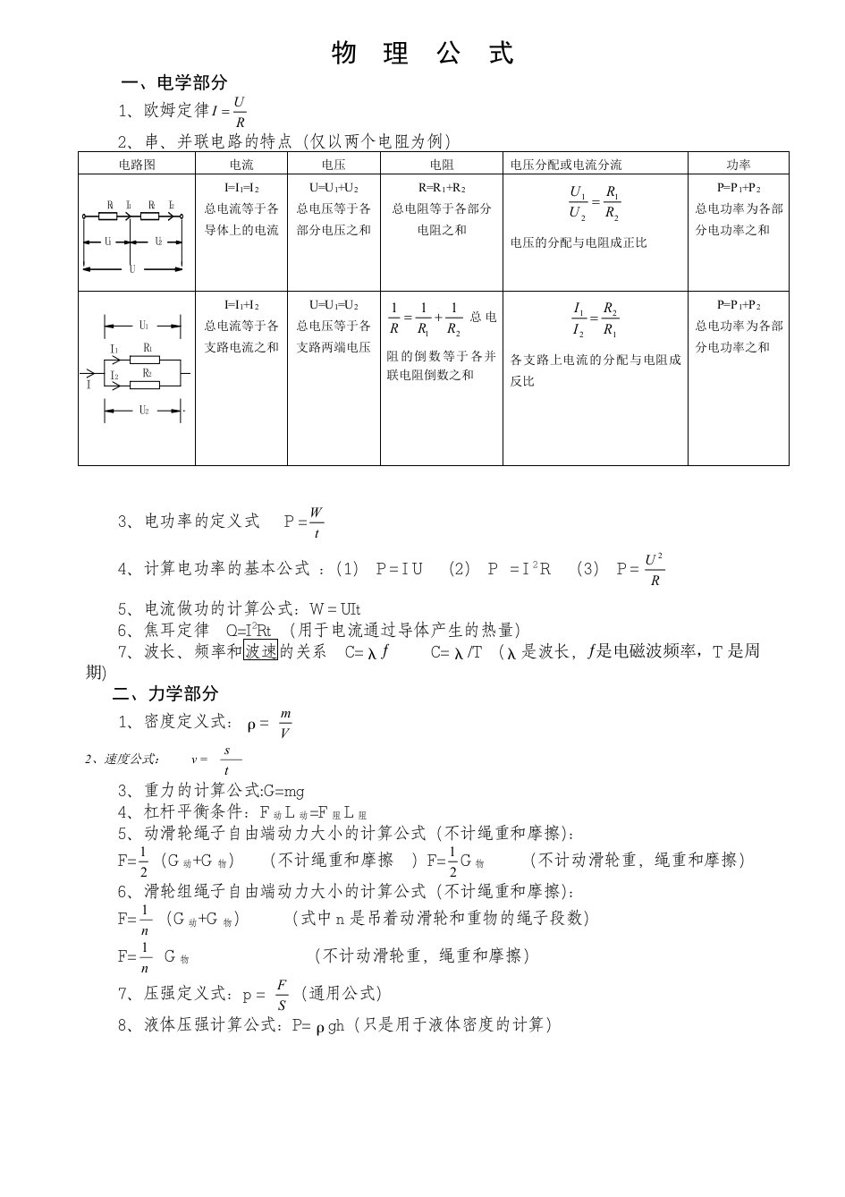 初中物理公式定理大全mts