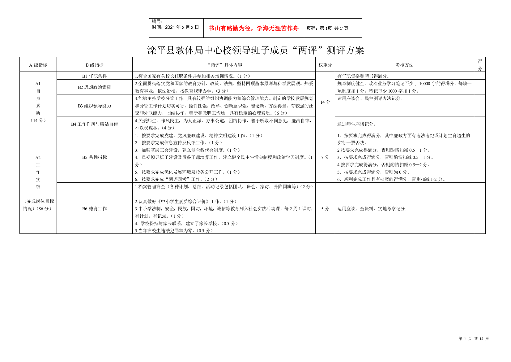 滦平县教体局中心校领导班子成员两评测评方案