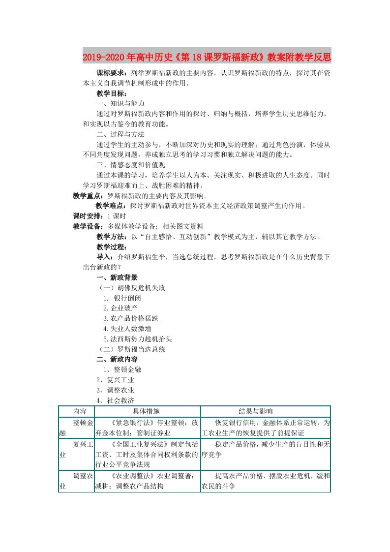 2019-2020年高中历史《第18课罗斯福新政》教案附教学反思