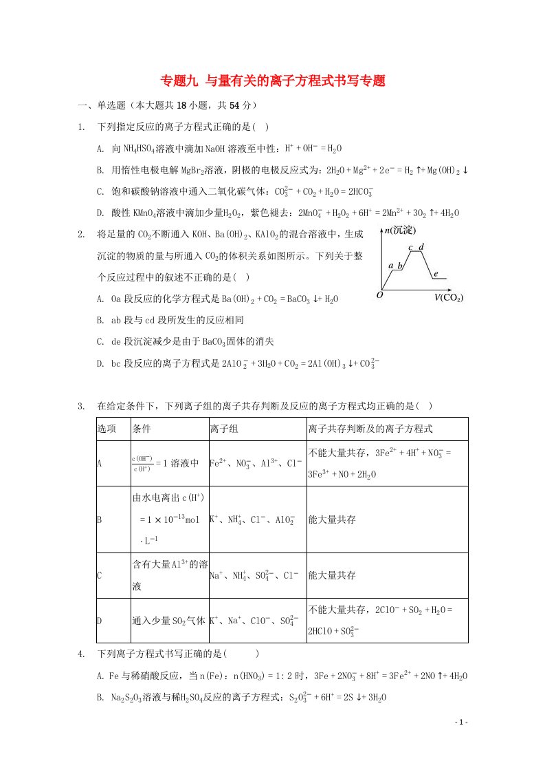 2022届高三化学一轮复习专题九与量有关的离子方程式书写专题含解析