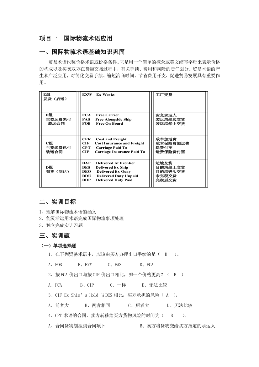 项目一--国际物流术语应用