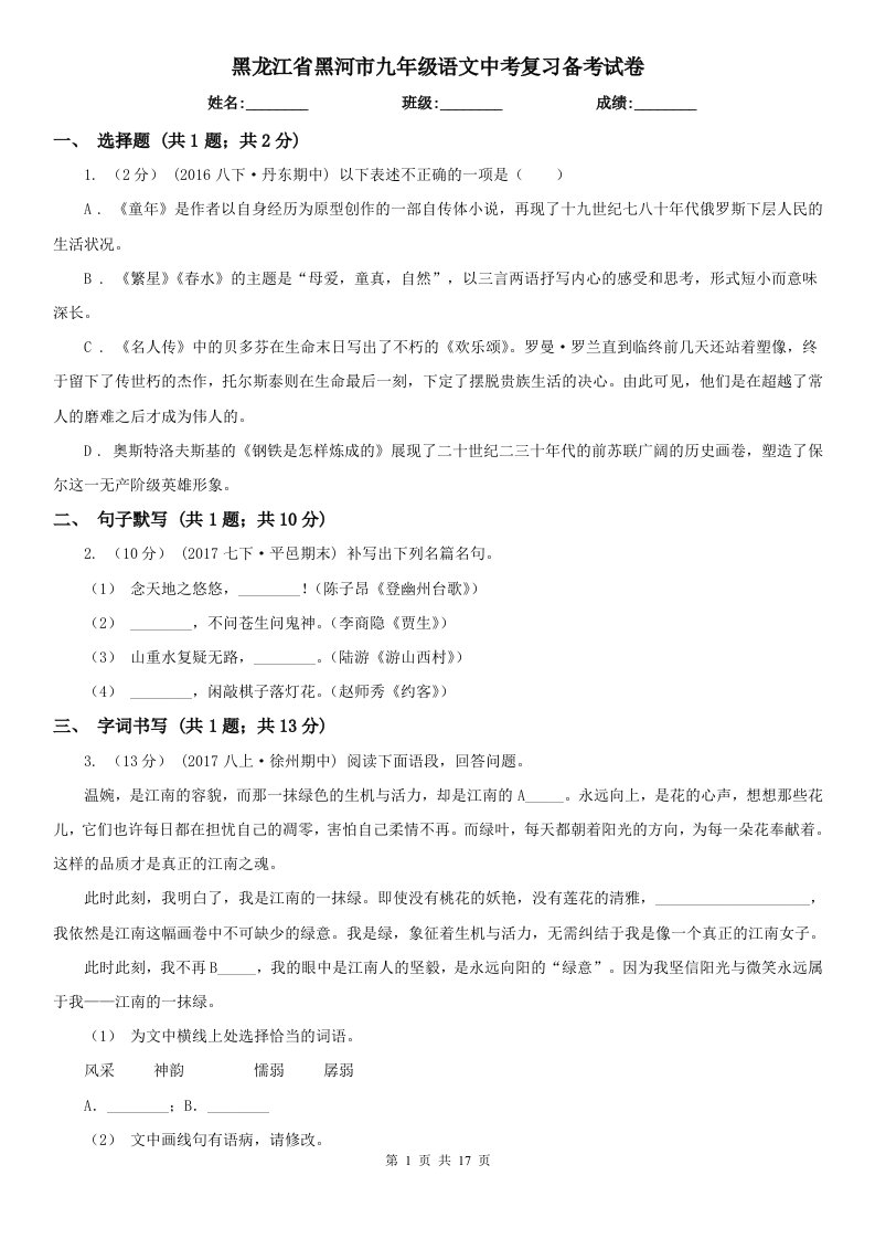 黑龙江省黑河市九年级语文中考复习备考试卷