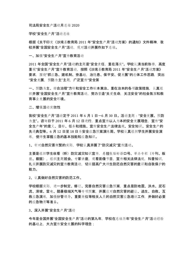 司法局安全生产活动月总结2020