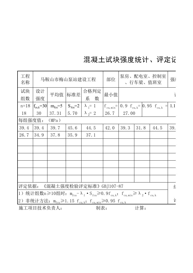 混凝土强度评定表(自动计算版)