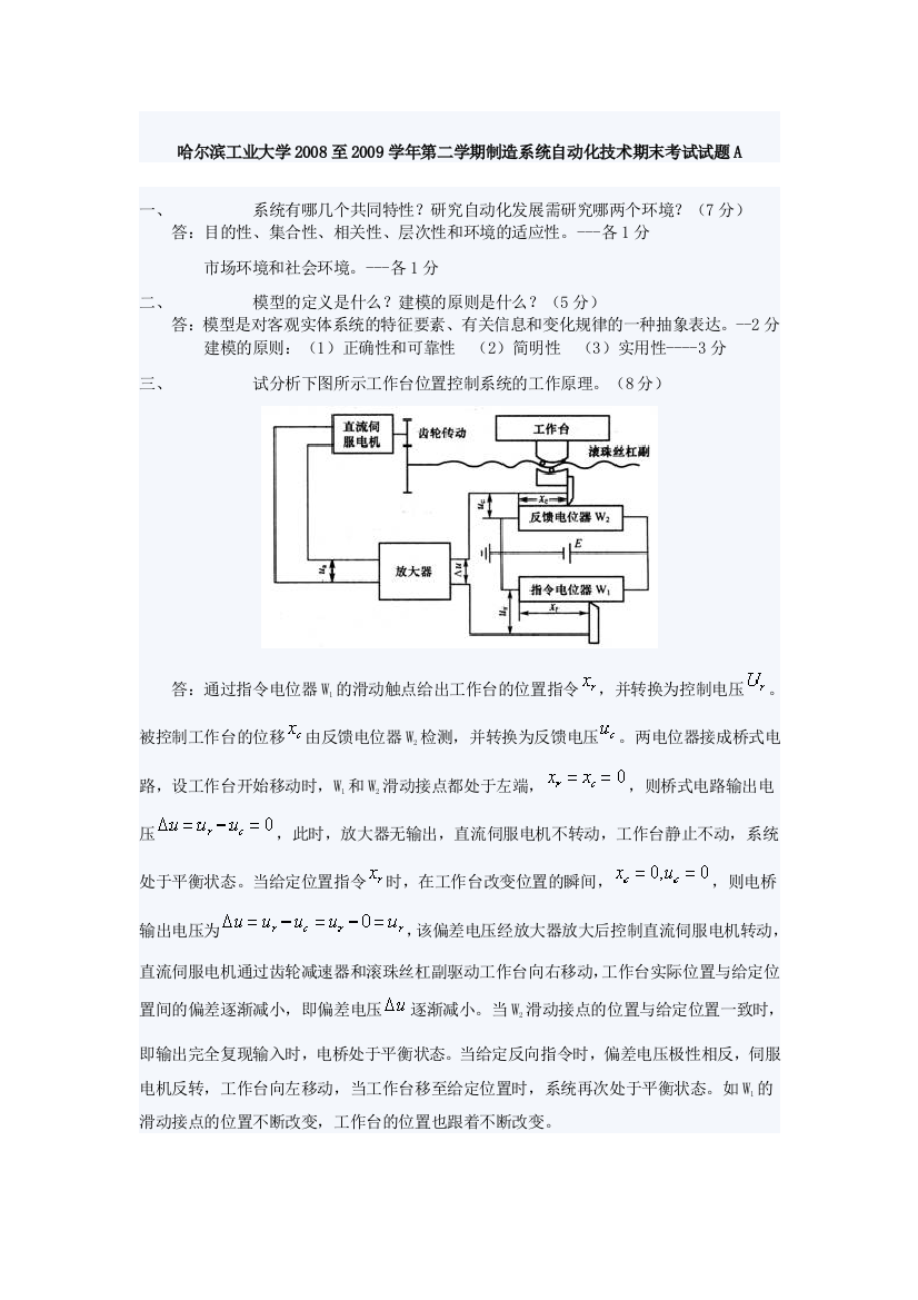 哈尔滨工业大学2008至第二学期制造系统自动化技术期末考试试题A