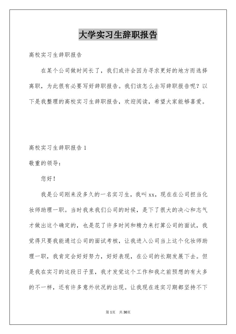 大学实习生辞职报告精选