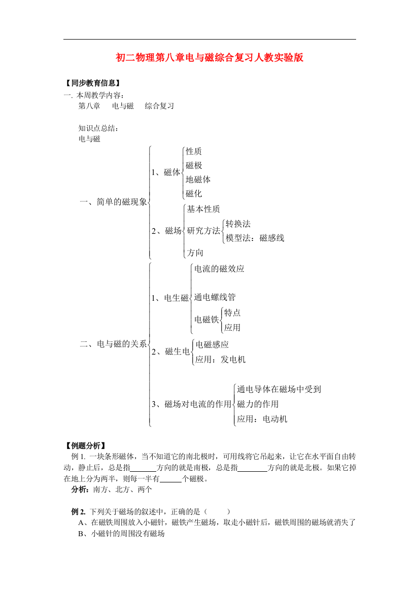 （整理版）初二物理第八章电与磁综合复习人教实验