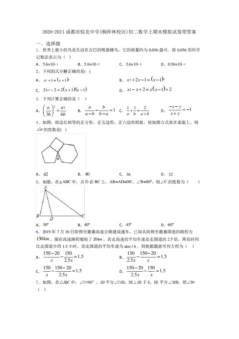 成都市棕北中学(桐梓林校区)初二数学上期末模拟试卷带答案