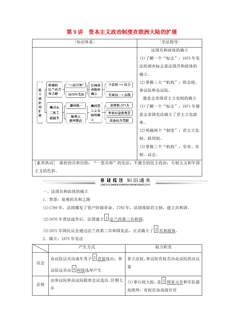 2021届高考历史一轮复习模块一政治文明历程第二单元西方民主政治及科学社会主义的理论和实践第9讲资本主义政治制度在欧洲大陆的扩展学案含解析新人教版