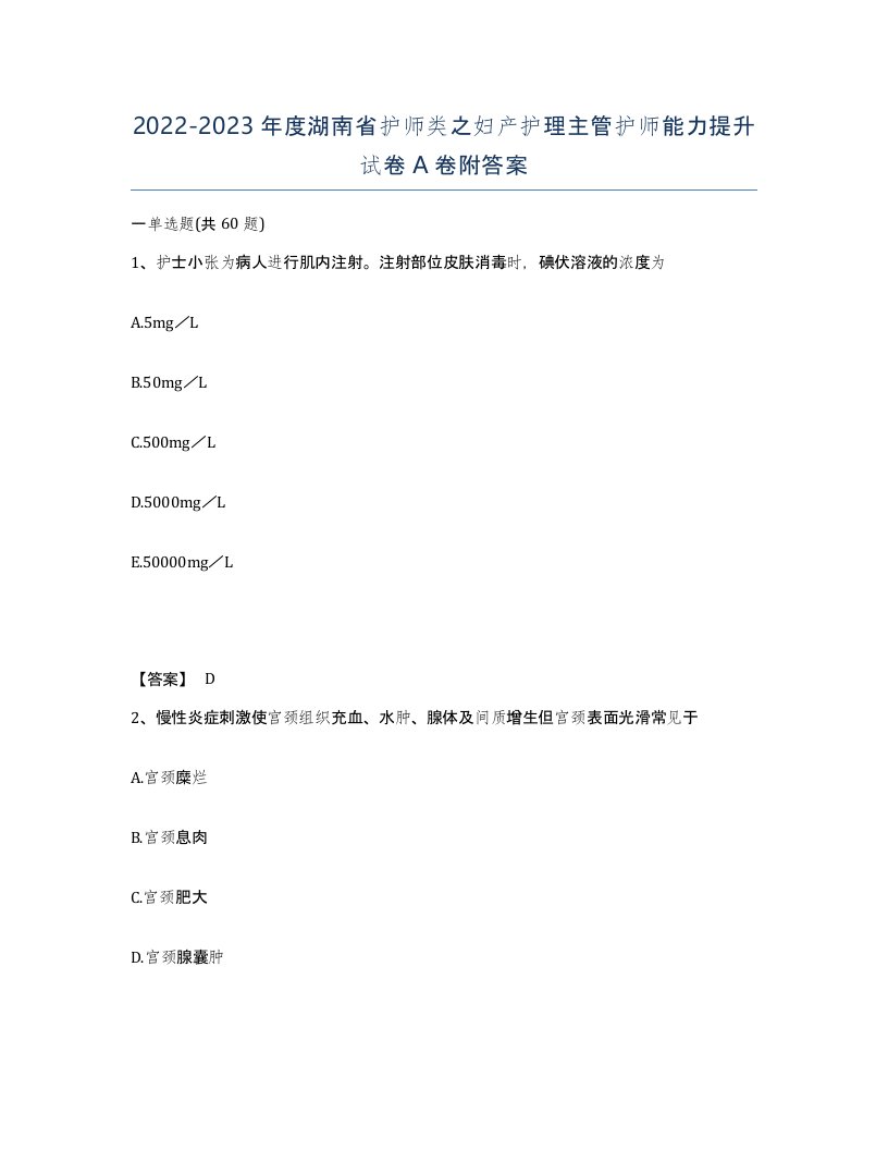 2022-2023年度湖南省护师类之妇产护理主管护师能力提升试卷A卷附答案