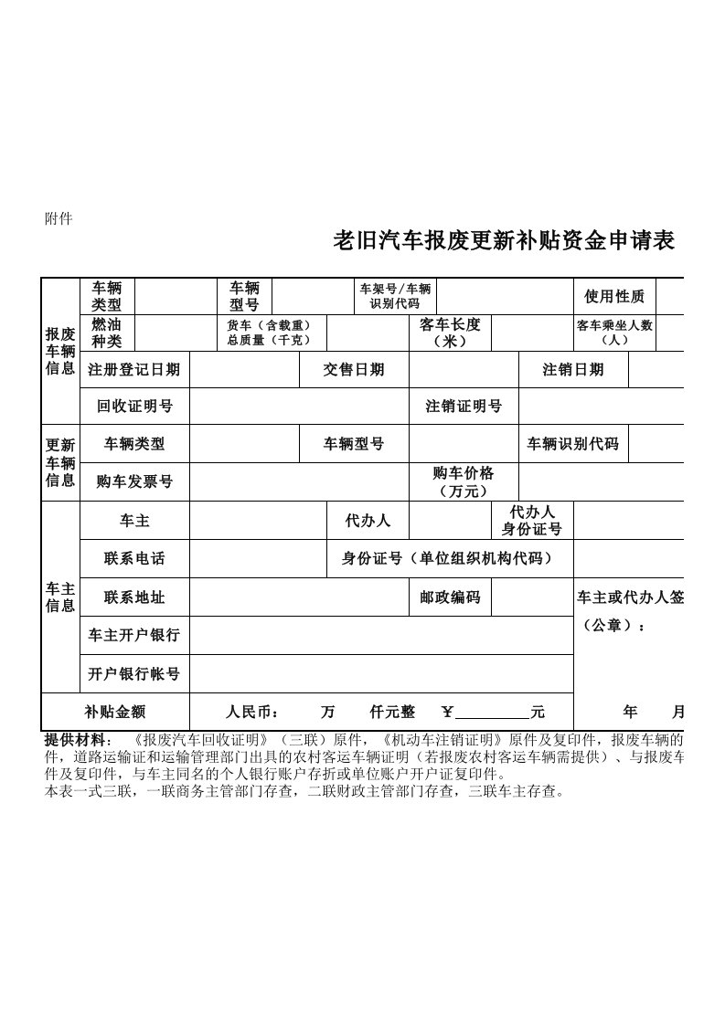 老旧汽车报废更新补贴资金申请表