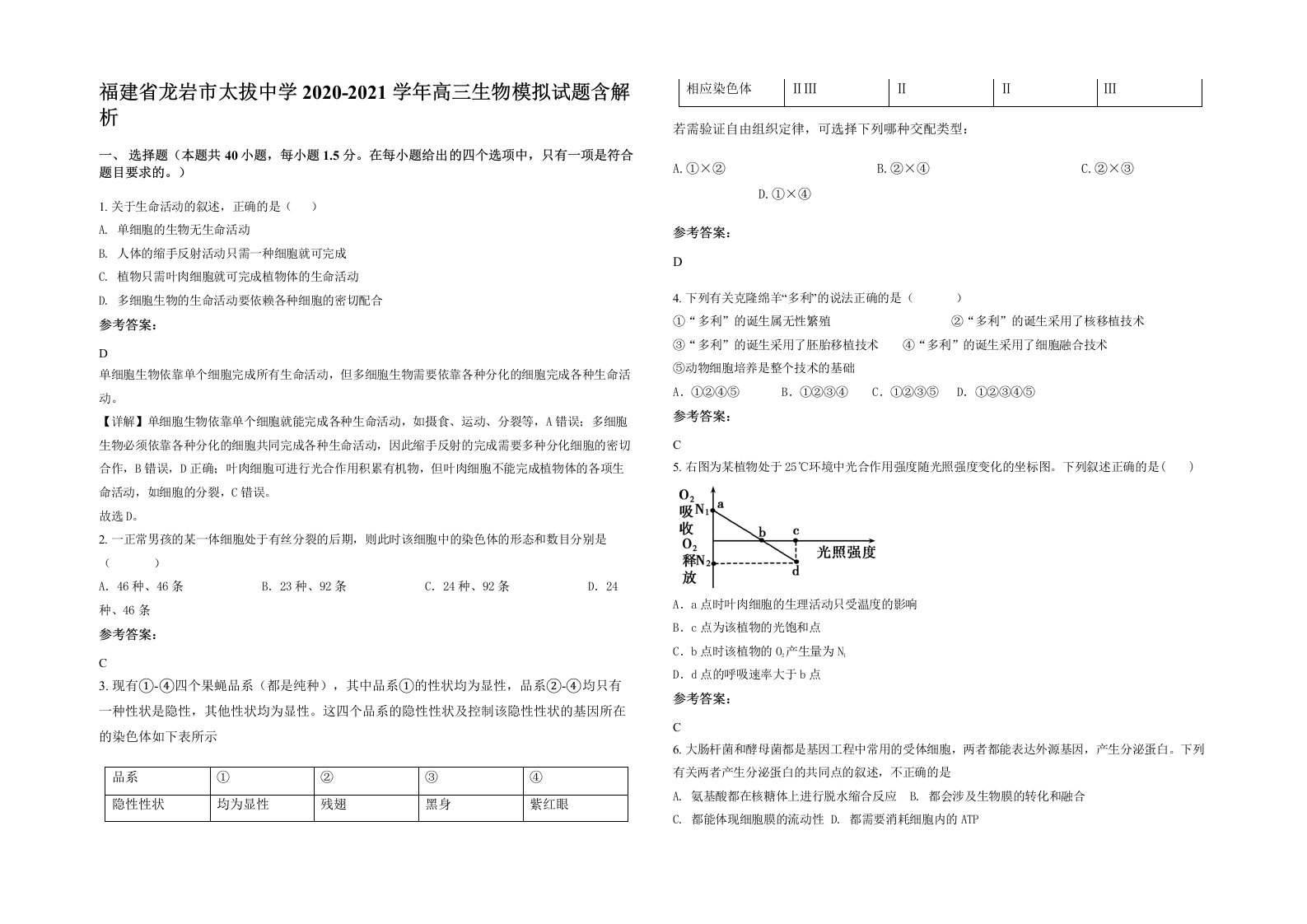 福建省龙岩市太拔中学2020-2021学年高三生物模拟试题含解析