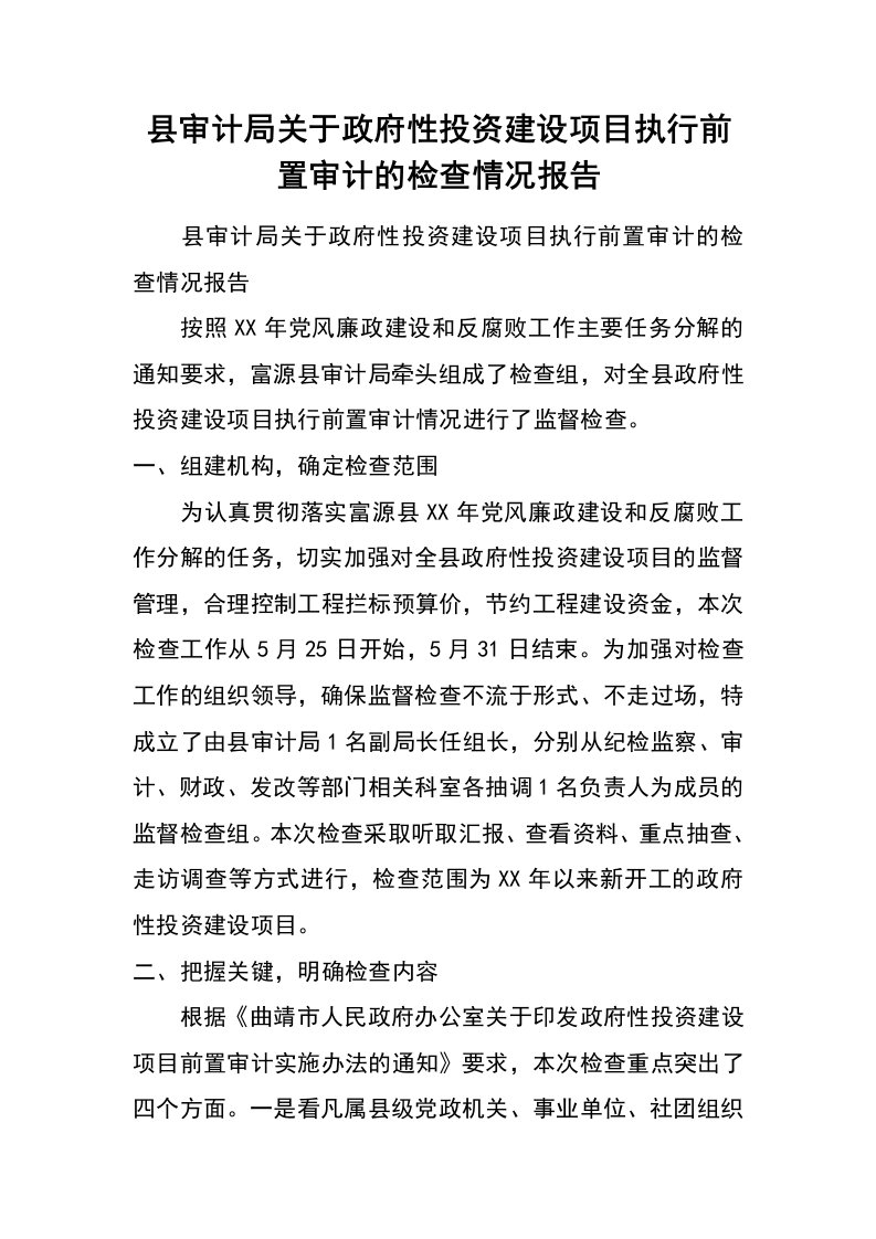 县审计局关于政府性投资建设项目执行前置审计的检查情况报告