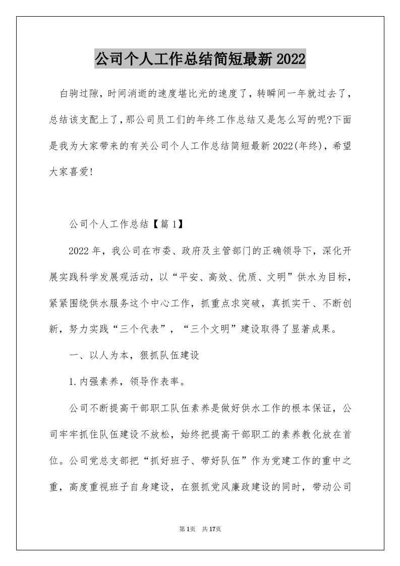 公司个人工作总结简短最新2022