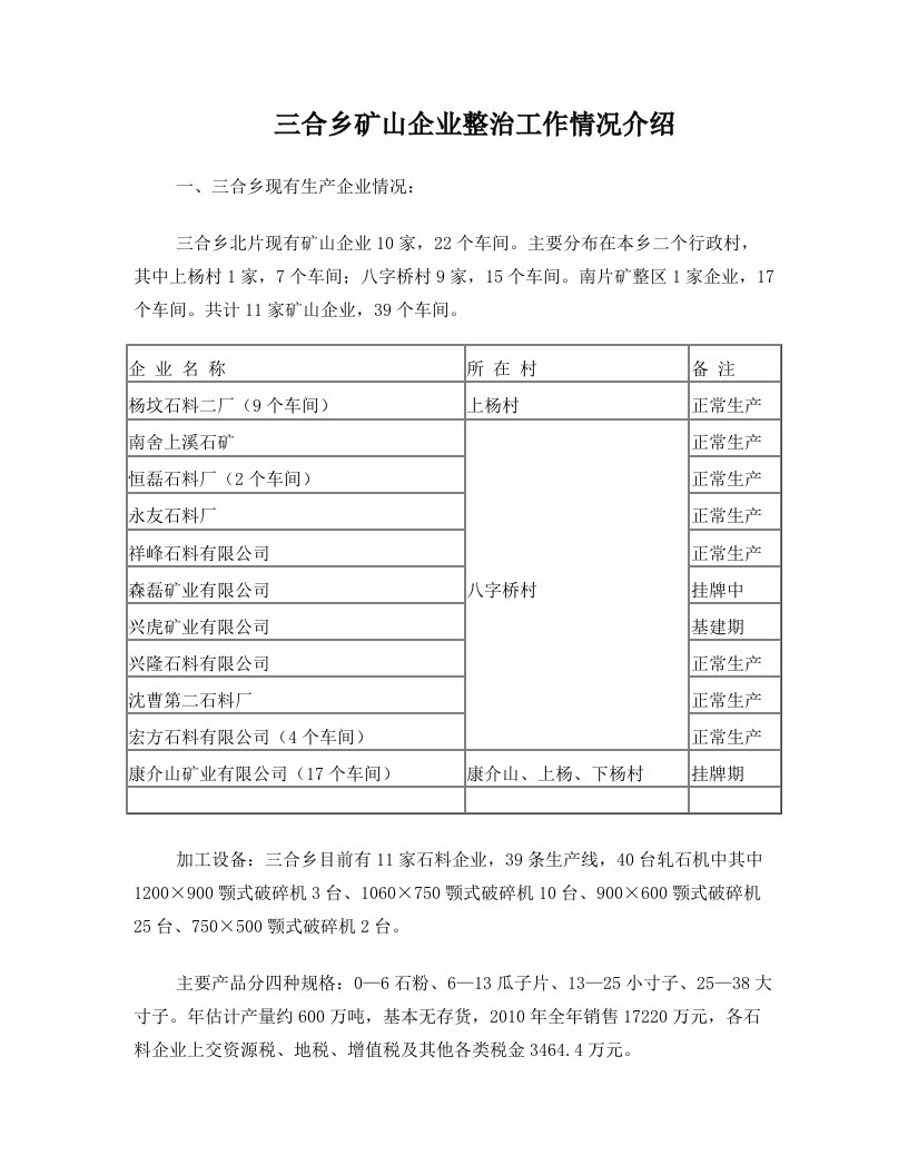 三合乡矿山企业整治工作情况介绍