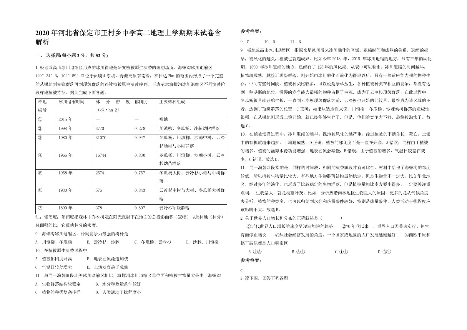 2020年河北省保定市王村乡中学高二地理上学期期末试卷含解析