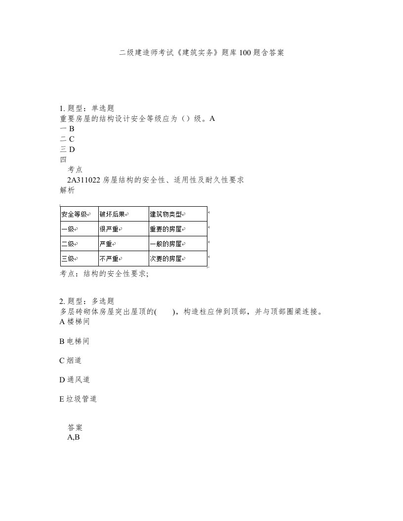 二级建造师考试建筑实务题库100题含答案第140版