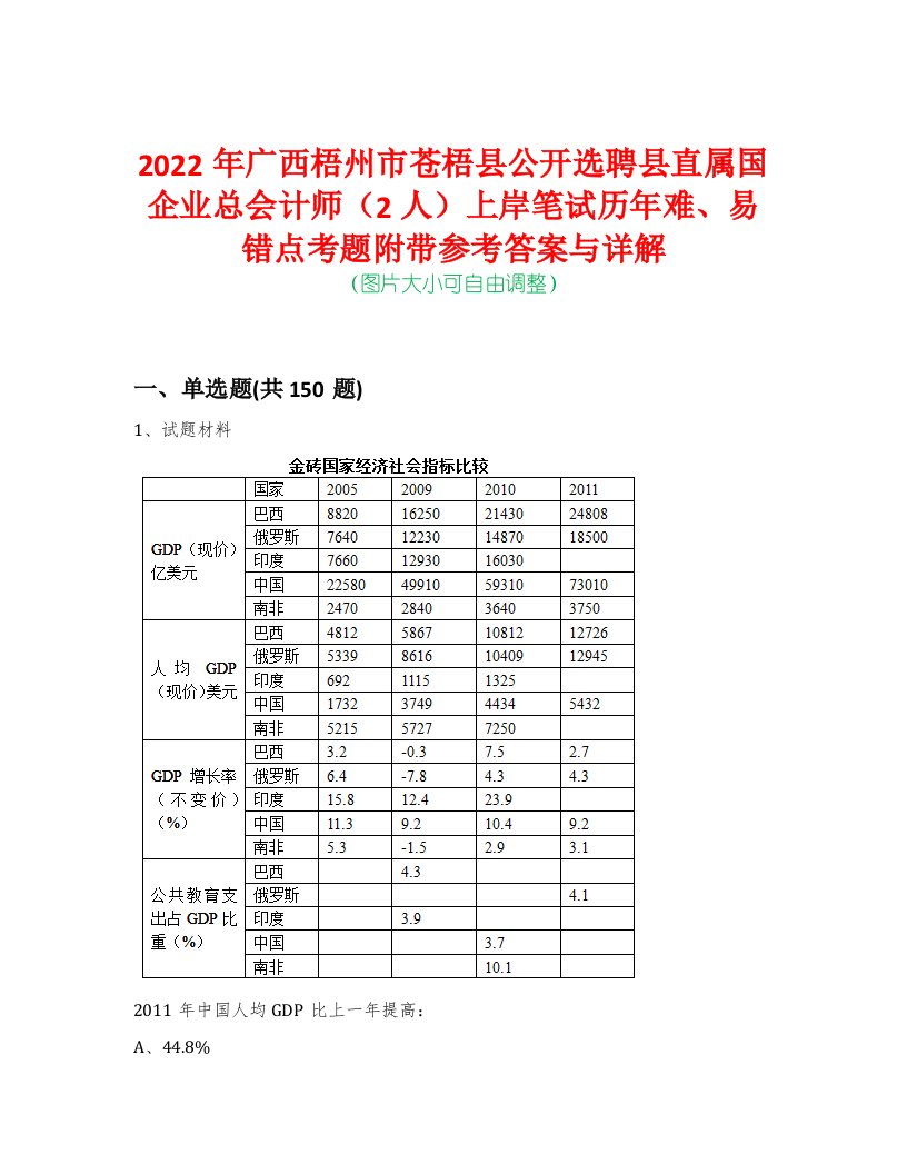 2022年广西梧州市苍梧县公开选聘县直属国企业总会计师（2人）上岸笔试历年难、易错点考题附带参考答案与详解-0