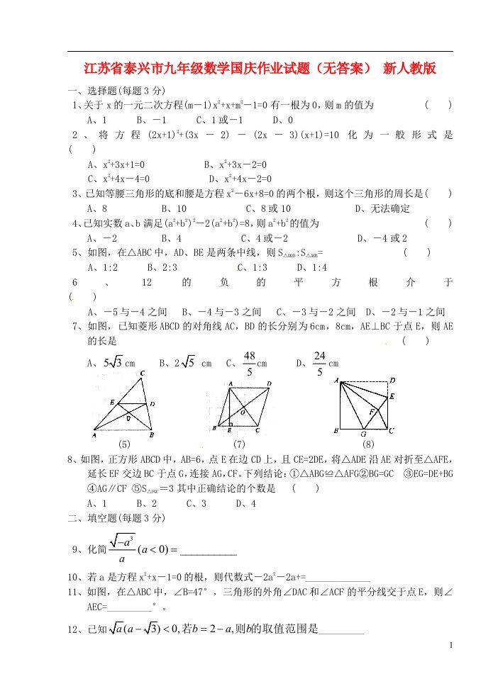 江苏省泰兴市九级数学国庆作业试题（无答案）