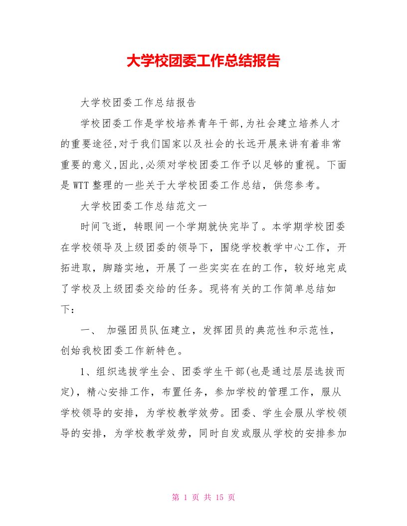 大学校团委工作总结报告