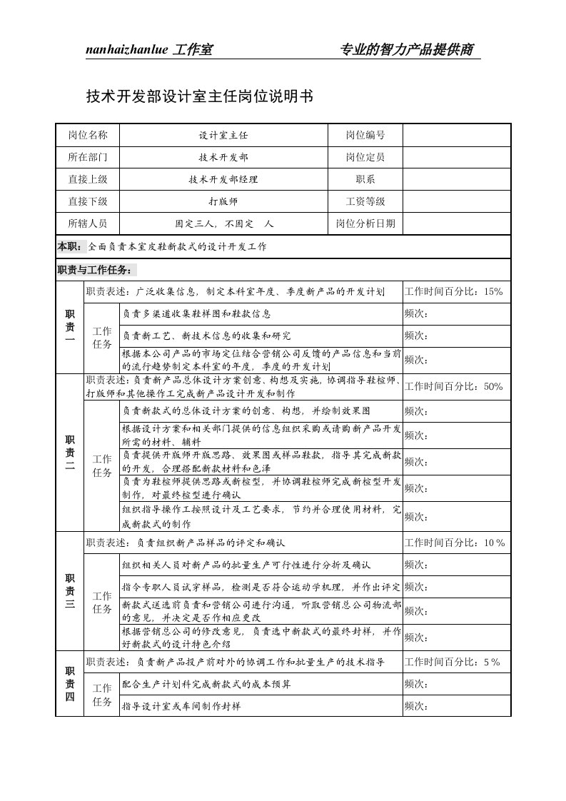 精选制鞋企业技术开发部设计室主任岗位说明书