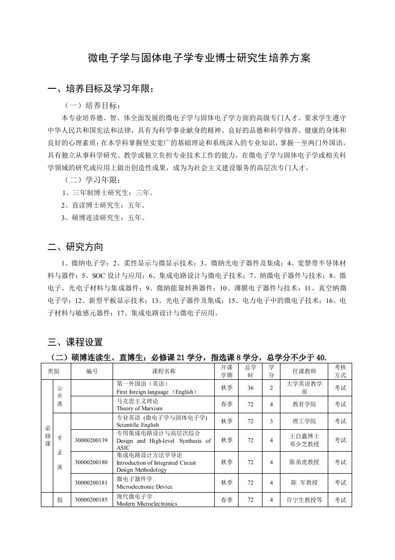 微电子学与固体电子学专业硕博连读研究生培养方案doc-光