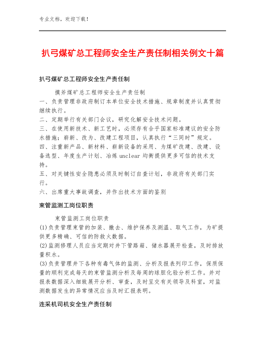 扒弓煤矿总工程师安全生产责任制例文十篇