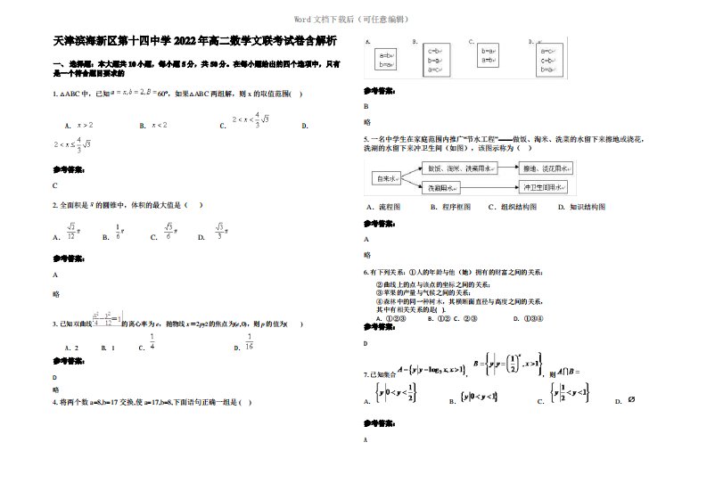 天津滨海新区第十四中学2022年高二数学文联考试卷含解析