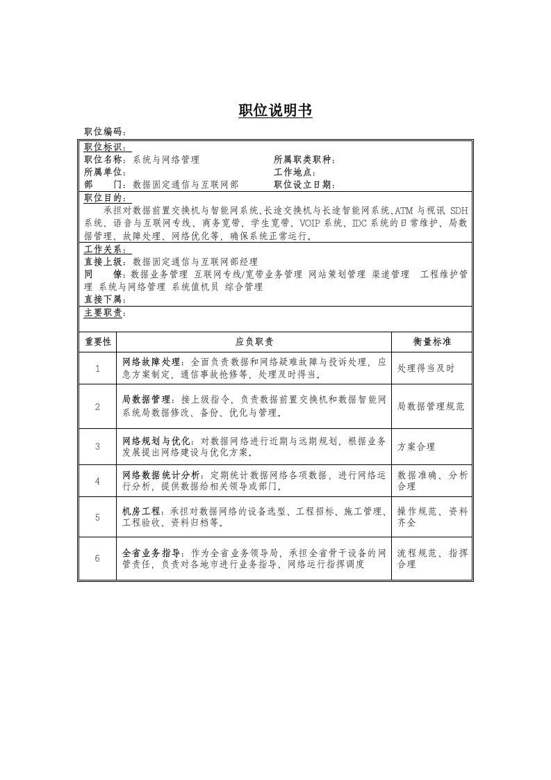 系统与网络管理岗位说明书