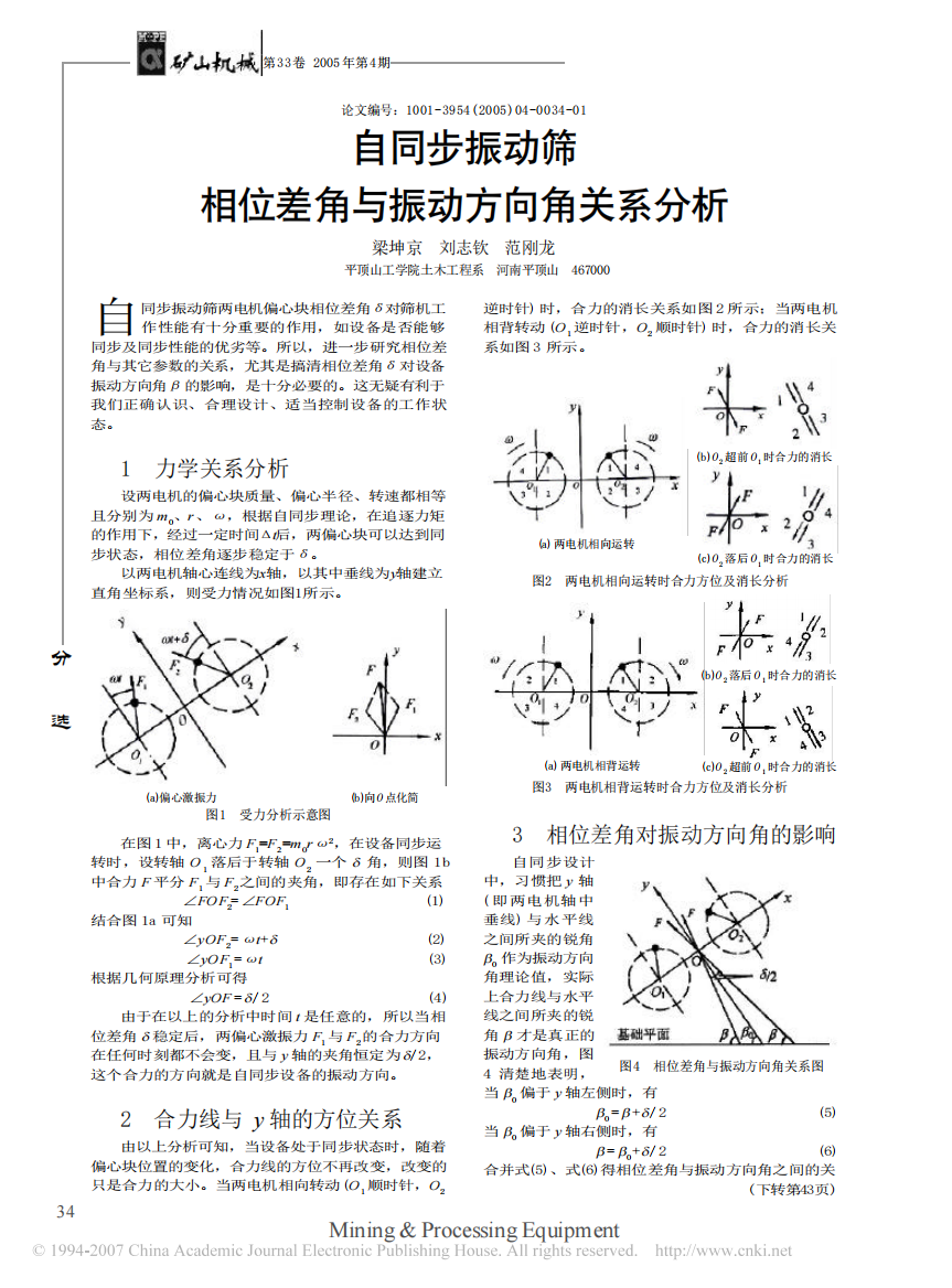 自同步振动筛相位差角与振动方向角关系分析