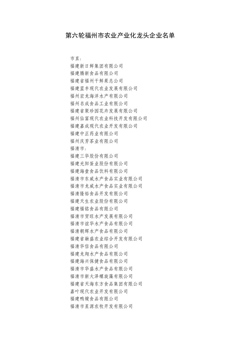 第六轮福州市农业产业化龙头企业名单