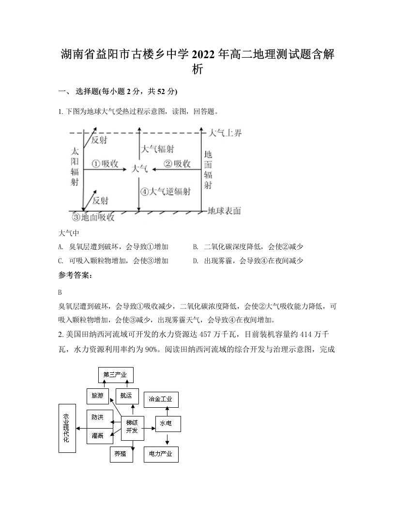 湖南省益阳市古楼乡中学2022年高二地理测试题含解析