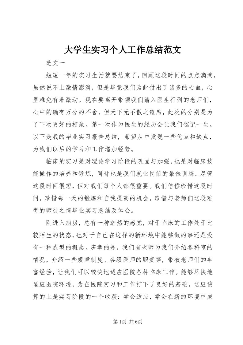 大学生实习个人工作总结范文