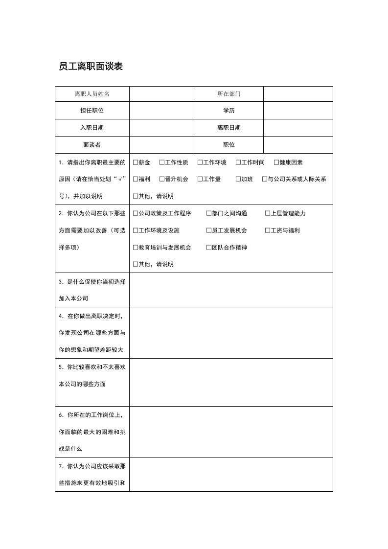 员工离职面谈表模板