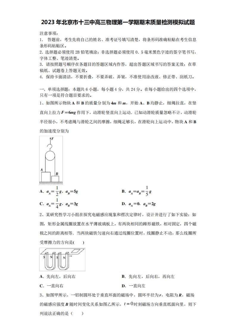 2023年北京市十三中高三物理第一学期期末质量检测模拟试题含解析