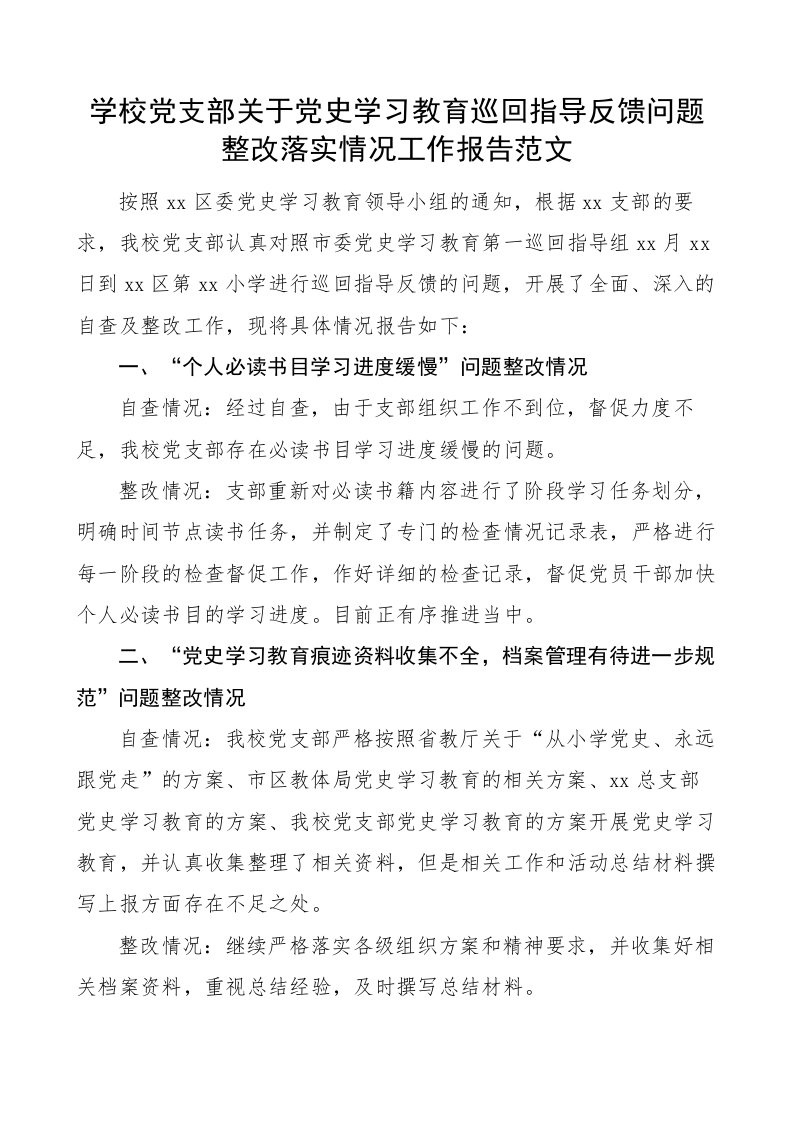 学校党支部关于党史学习教育巡回指导反馈问题整改落实情况工作报告范文