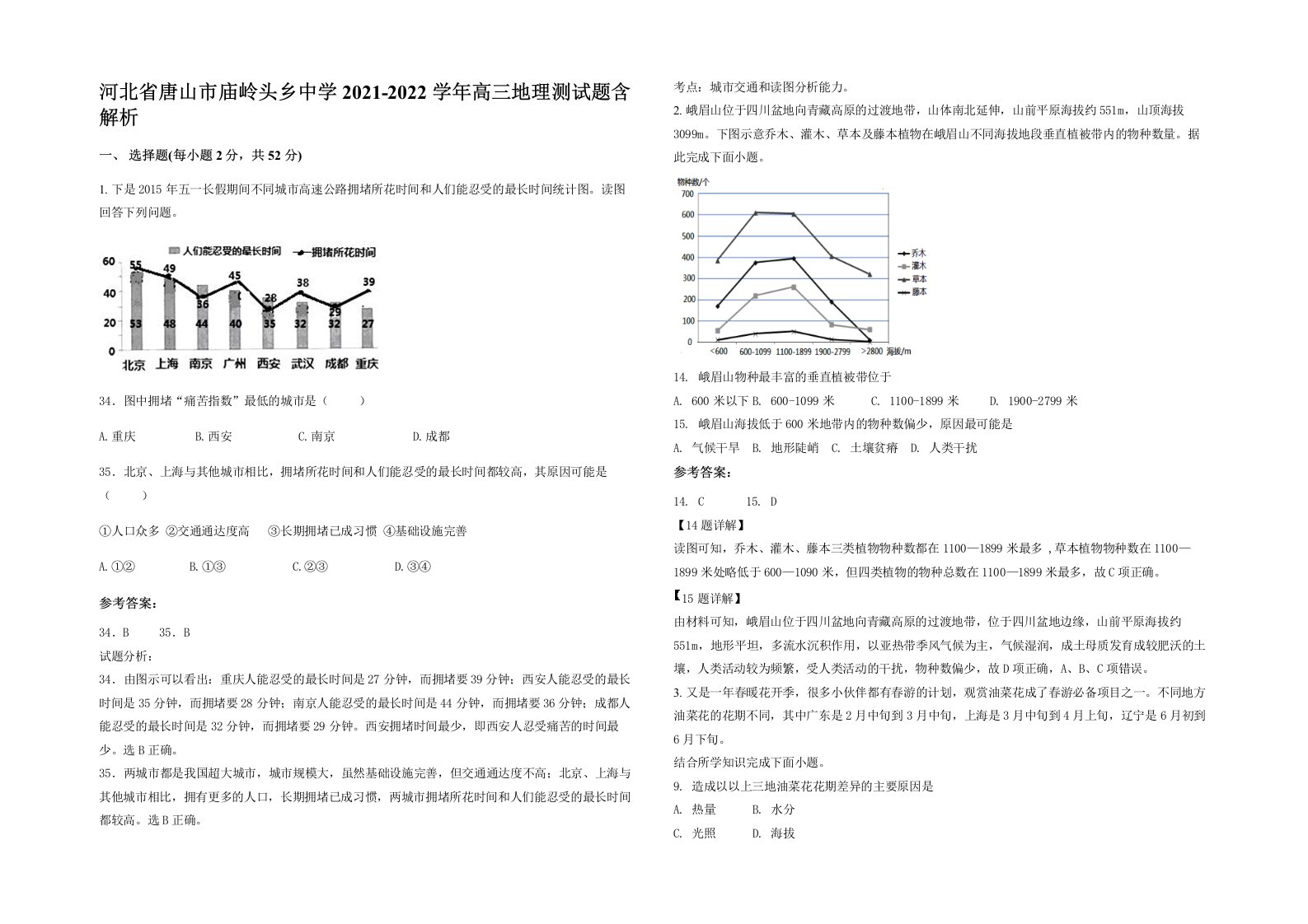 河北省唐山市庙岭头乡中学2021-2022学年高三地理测试题含解析