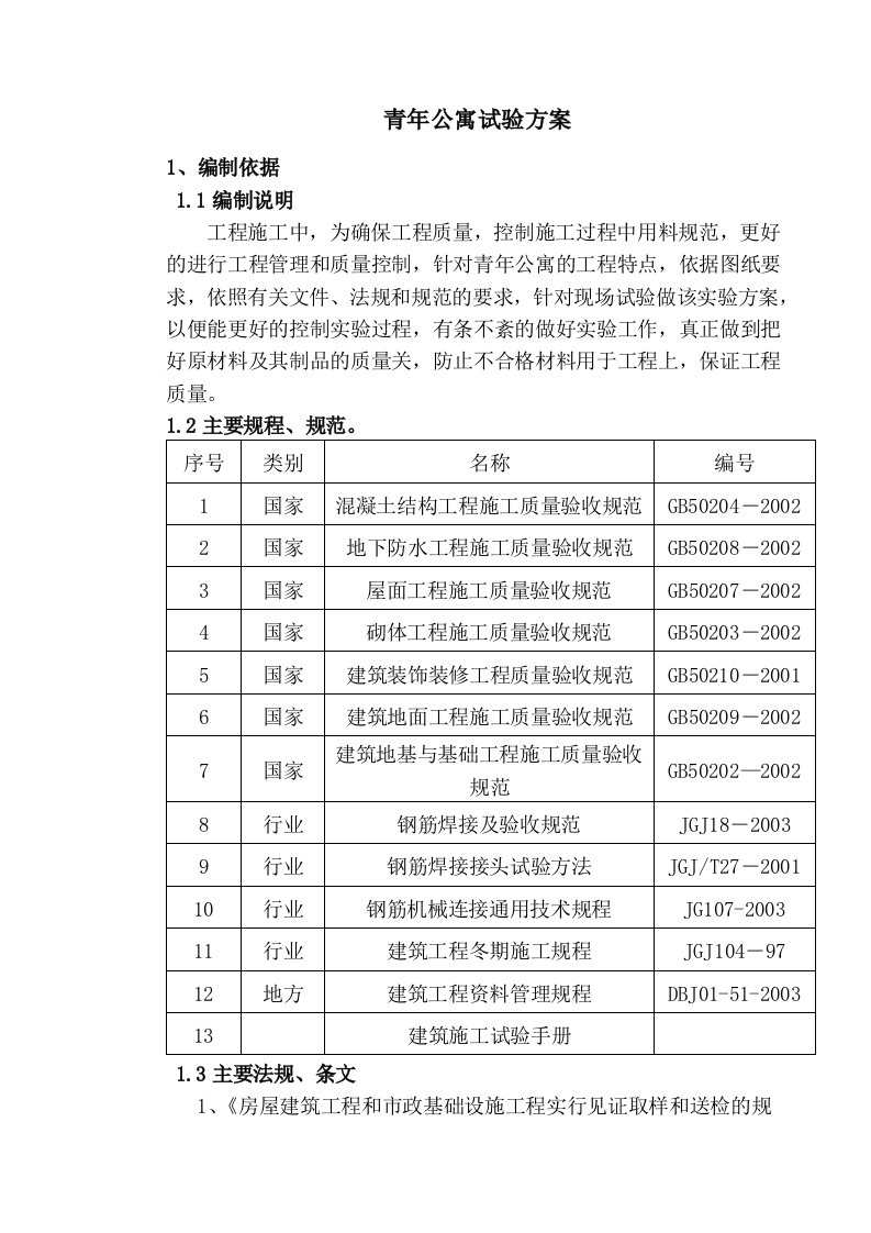 山东高层青年公寓项目施工试验方案