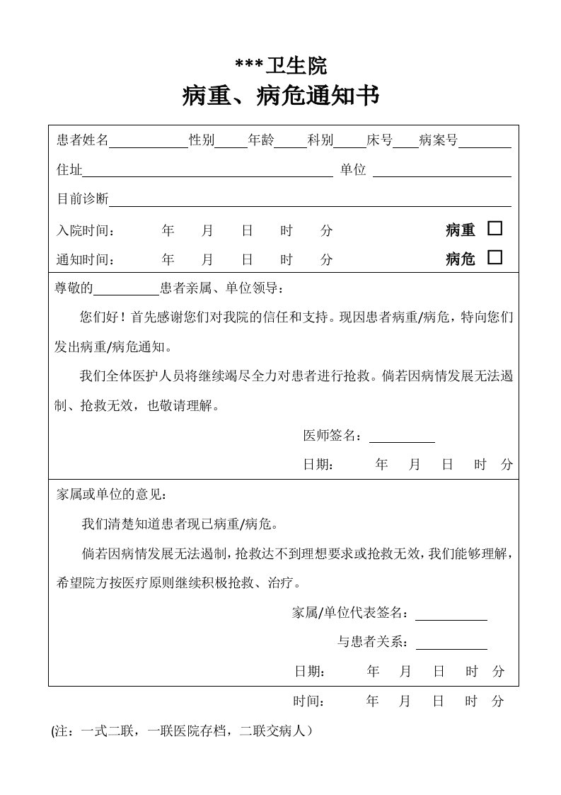 病重、病危通知书