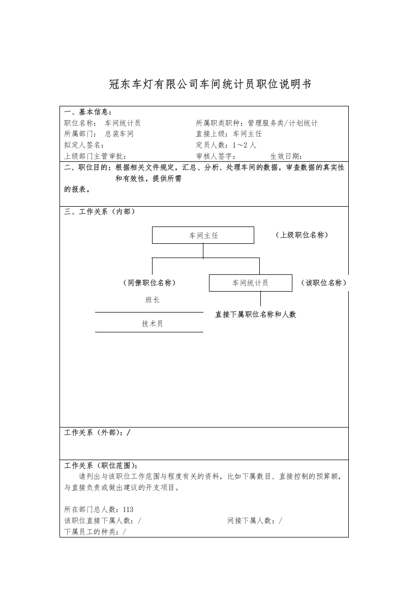 冠东车灯有限公司车间统计员职位说明书