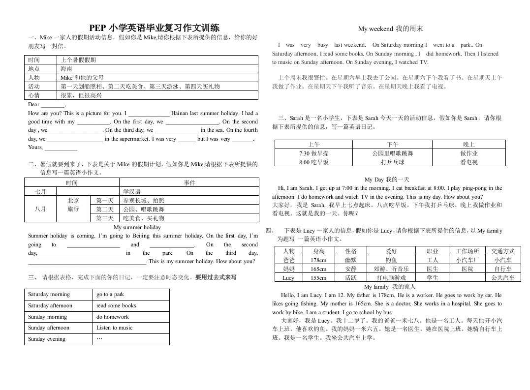 新版PEP小学英语六年级下册毕业复习作文训练