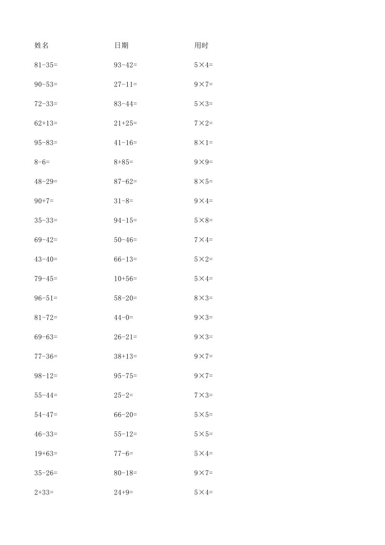 小学二年级口算加减乘除混合运算100道