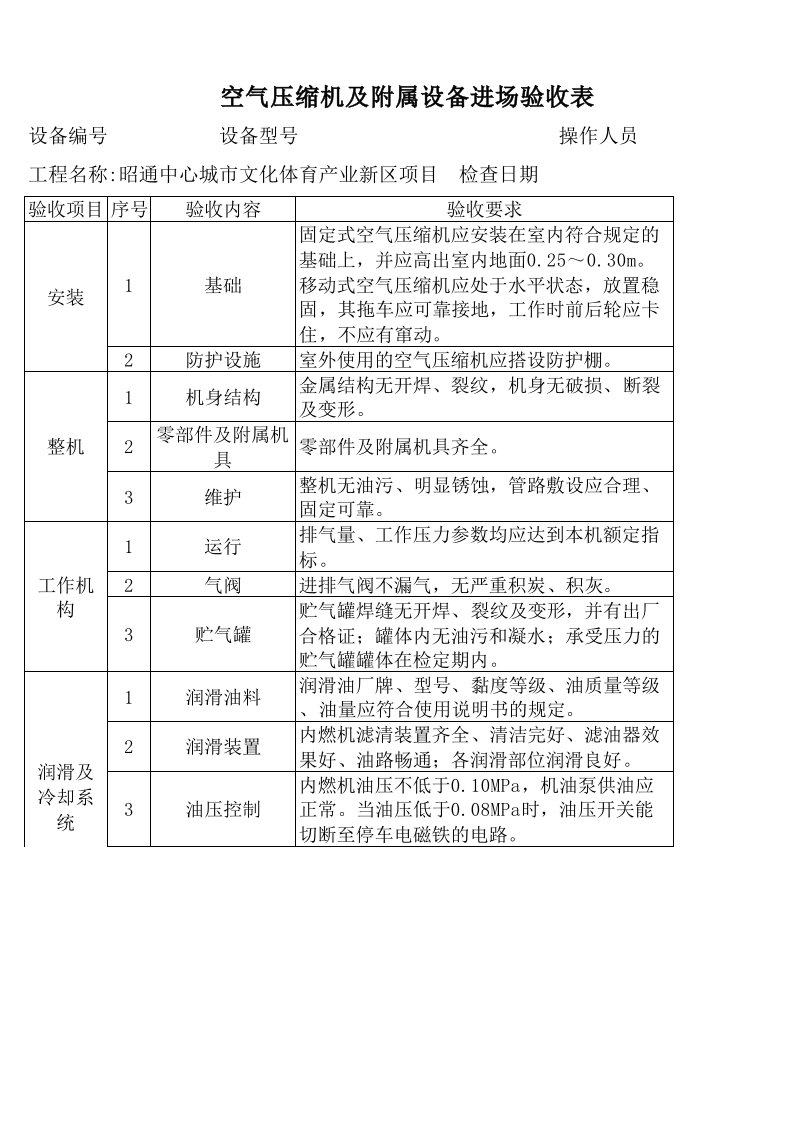 空气压缩机验收表