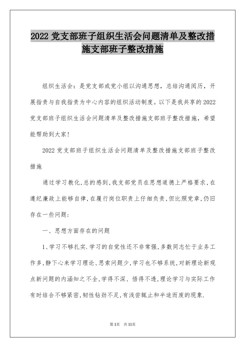 2022党支部班子组织生活会问题清单及整改措施支部班子整改措施