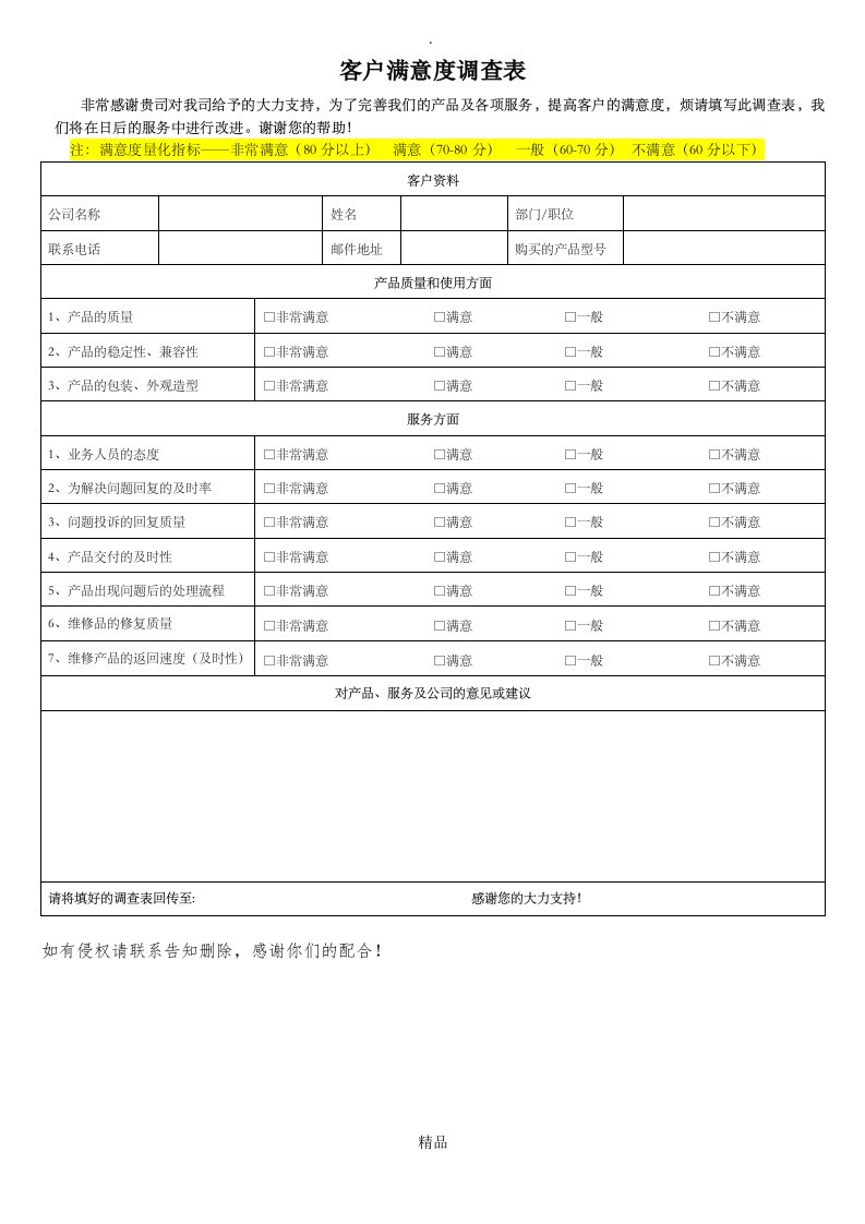 客户满意度调查表模板