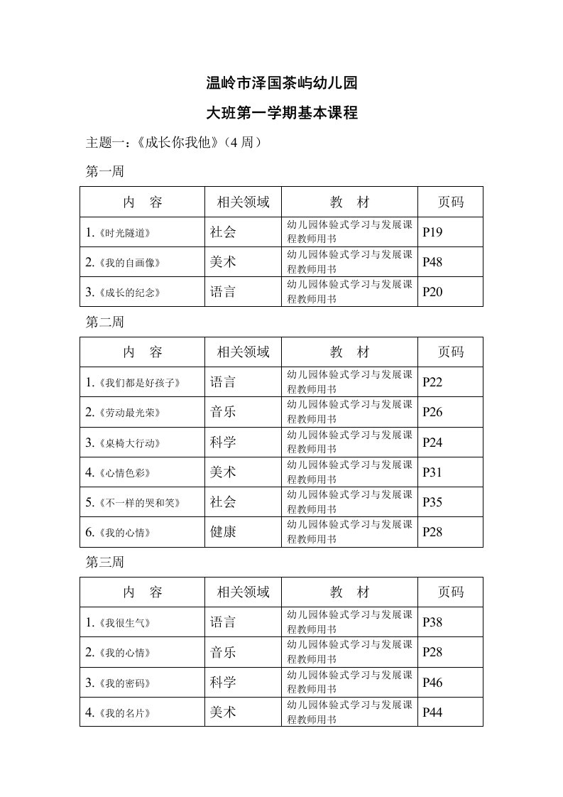 幼儿园大班上基本课程安排表