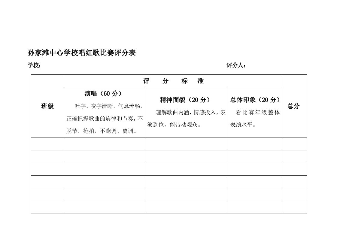 唱红歌比赛评分表