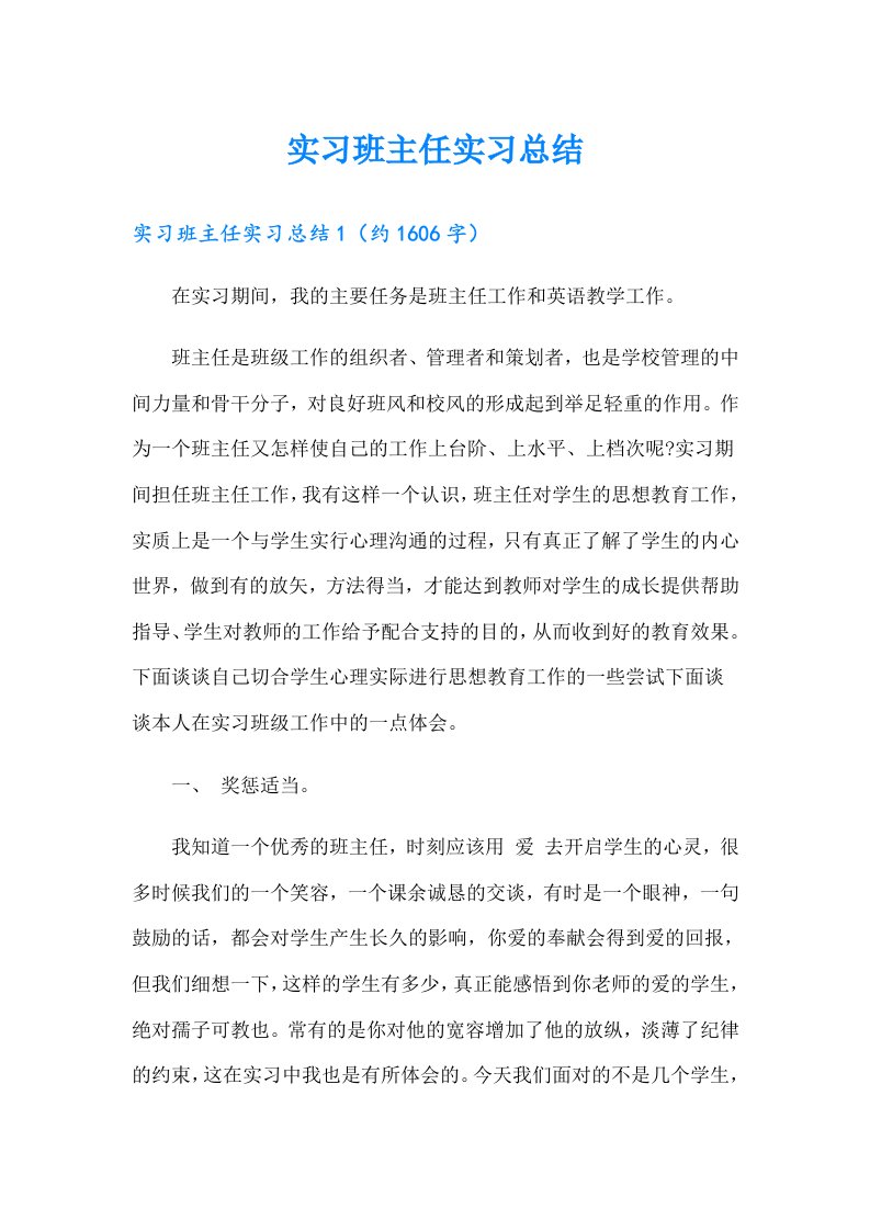 实习班主任实习总结